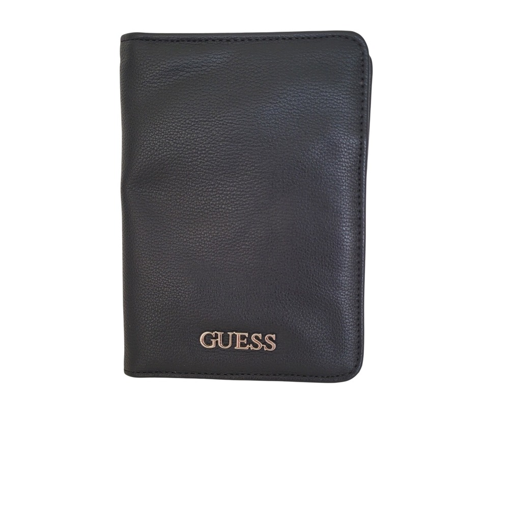GUESS Passport Holder Wallet Black Pebbled Faux Leather Silver Logo Travel Case